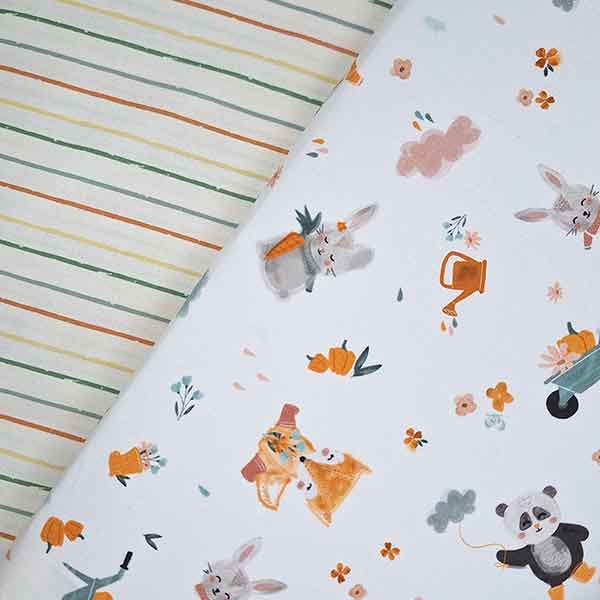 Tela-rayas-de-colores-animales-jardín