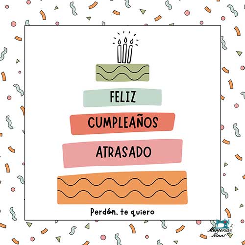 Tarjeta feliz cumpleaños atrasado pastel ilustrado rosa y verde